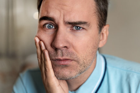 A young guy with a sad emotion on her face holding his hand over the patient's jaw on a gray background. Portrait of a man in painful expression with a toothache.の写真素材