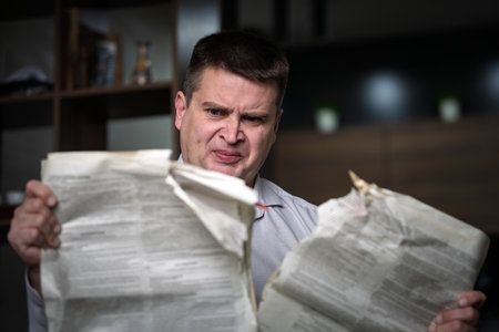 A man in a white shirt reads a newspaper at home against a dark background. a man tears up a newspaper.の写真素材
