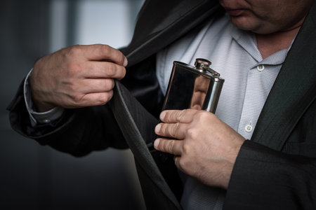 Businessman looking scared while taking a hip flask out of his jacket at work, hiding alcohol addiction issues in the workplace. The man hides a flask of rum in his jacket pocket.の写真素材