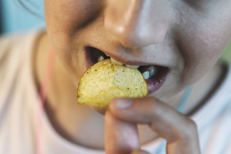 Closeup, Asian child girl eating potato chips, young woman puts crisps potato chip in his mouth in...