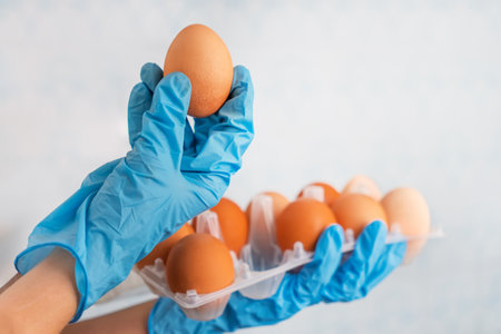 hpai avian influenza. The concept of an avian flu pandemic. Checking the chicken for diseases. The scientist's gloved hand holds a chicken egg against the background of a blurred blue backgroundの写真素材