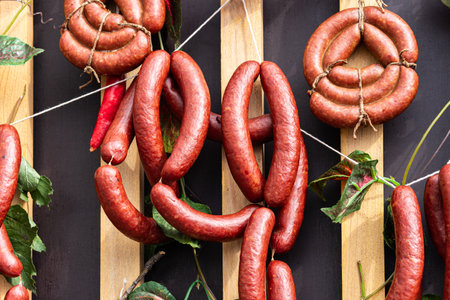 Smoked salami on a background of old wooden wall. Sausages with rosemary and pepper.の写真素材