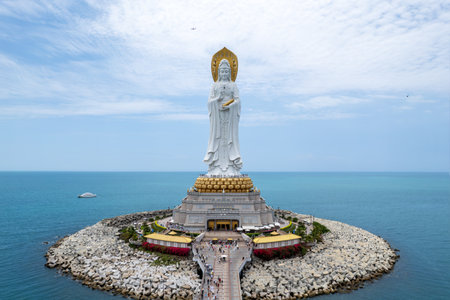 Sanya, China - May 17, 2024: Visiting the Largest and gracious statue of Goddest Guanyin in Sanya City, Hainan Island top view from aboveの写真素材