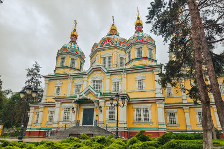 Zenkov Cathedral, Almaty, Kazakhstan. Ascension Cathedral, a Russian Orthodox cathedral located in the Panfilov Park in Almaty, Kazakhstanの写真素材