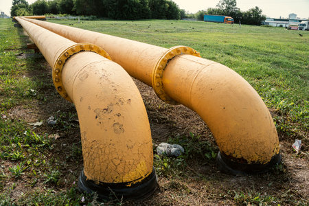 Yellow pipes for gas in nature. The concept of construction of gas pipelines.の写真素材