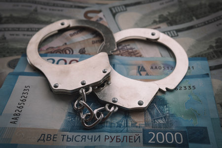 Steel police handcuffs lying on background of Russian roubles with of banknotes of American dollars