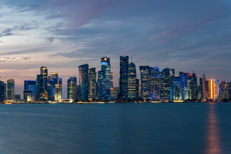 Doha skyline view with amazing sea. Panoramic view of the tall skyscrapers of Doha in Qatar At...