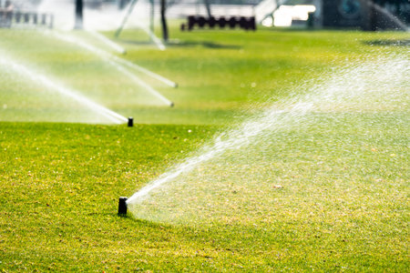 Automatic watering laws. Gardening. automatic lawn watering in summer in hot weather. Water splashes on the green grass in both directions.の写真素材