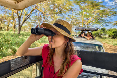 African safari. side view of adorable girl on safari in Nakuru National Park kenya observing elephants from open vehicleの写真素材