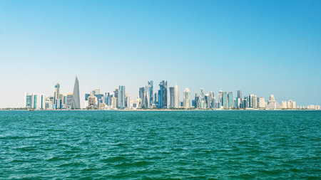 Skyline of beautiful Doha. panorama of Doha skyscrapers and the blue sea