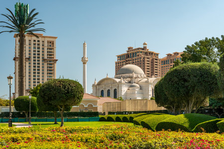 View of modern Buildings in Pearl island and Sheikh Hamad bin Jassim Mosque in view along the Persian Gulf.の写真素材