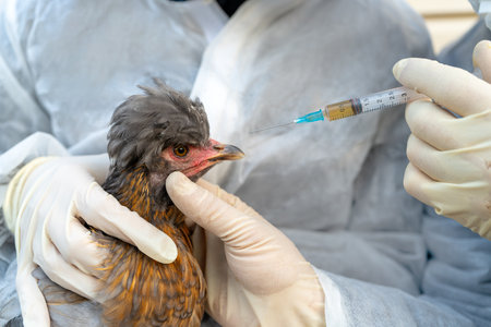 Close-up of a chicken and a syringe with medicine, illustrating treatment of avian diseases, including avian influenza, and overall poultry health care.の写真素材