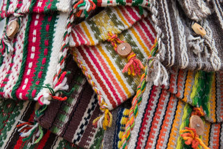traditional Bulgarian handmade woven bags of woolの写真素材
