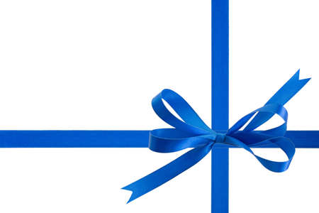 Blue ribbon with a bow on a white backgroundの写真素材