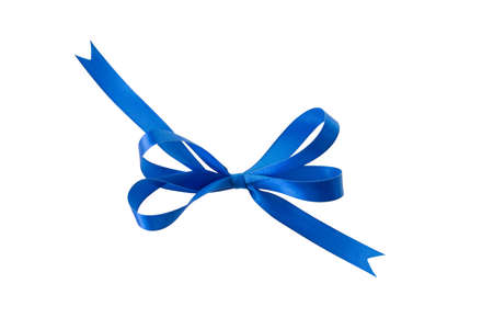 Blue ribbon with a bow on a white backgroundの写真素材
