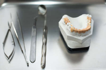 Set of metal medical equipment tools for teeth dental careの写真素材