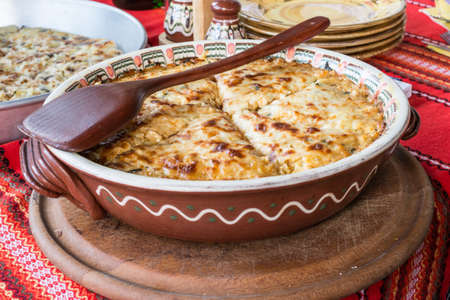 Potato pie with vegetables and cheese. Bulgarian national dishの写真素材