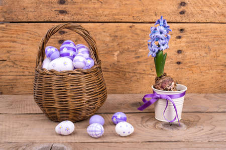 easter eggs over wooden table - selective focus, copy space