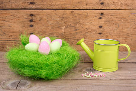 easter eggs over wooden table - selective focus, copy space