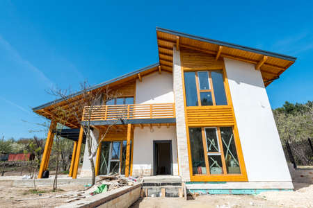 Unshinished new wooden house - copy spaceの写真素材