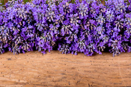 frame of lavender on a rustic wooden background - selective focus, copy spaceの写真素材