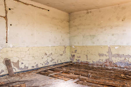 Abandoned and destroyed room - selective focus, copy spaceの写真素材