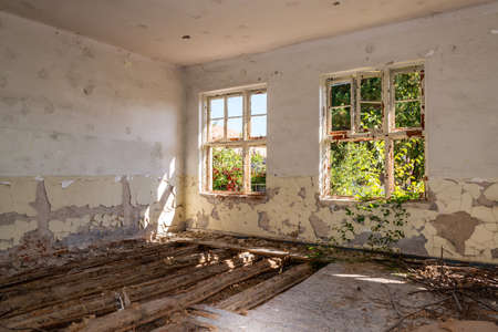 Abandoned and destroyed room - selective focus, copy spaceの写真素材