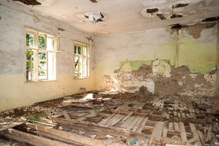 Abandoned and destroyed room - selective focus, copy spaceの写真素材