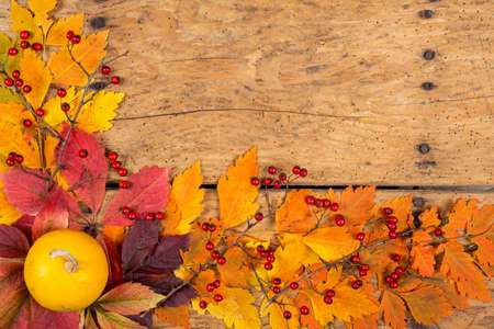 Helloween pumpkins over an old rustic vintage table - top view, copy space