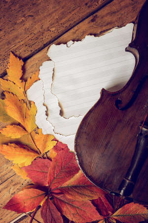 Old violin and autumn leaves over an old rustic wooden table - top view, copy spaceの写真素材