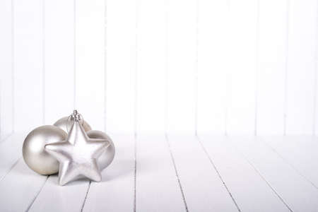 Christmas decorations over a white background - selective focus, copy spaceの写真素材