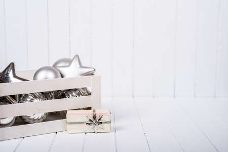 Christmas decorations over a white background - selective focus, copy spaceの写真素材