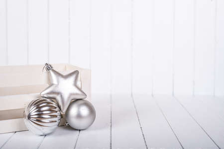 Christmas decorations over a white background - selective focus, copy spaceの写真素材