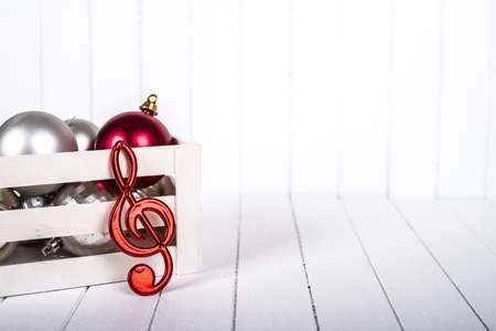 Christmas decorations over a white background - selective focus, copy spaceの写真素材