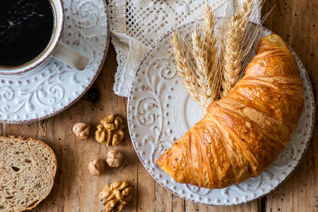 breakfast with freshly baked croissants - selective focus, copy spaceの写真素材