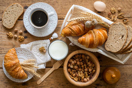 breakfast with freshly baked croissants - selective focus, copy spaceの写真素材
