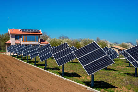 Solar panel, photovoltaic, alternative electricity source - selective focus, copy spaceの写真素材