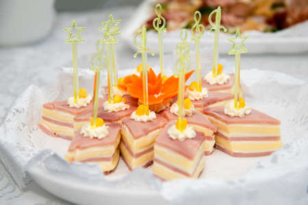 Close up of small canapes arranged on a plate over light background - selective focusの写真素材