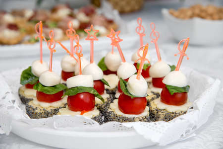 Close up of small canapes arranged on a plate over light background - selective focus