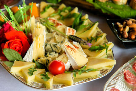 Different types delicacies of meat and cheese arranged in a plate over light background - selective focusの写真素材
