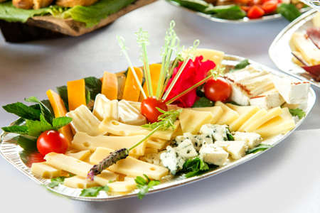 Different types delicacies of meat and cheese arranged in a plate over light background - selective focusの写真素材