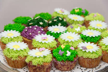 Catering sweets, closeup of various kinds of cakes on event or wedding reception  - selective focus