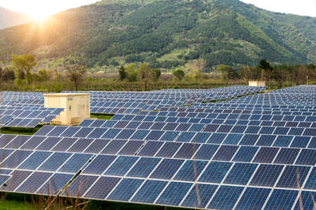 Solar panels, photovoltaics, alternative electricity source. View of a solar station at the...