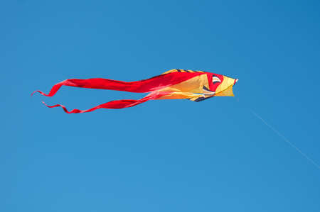 Colorful fish kite flying in blue skyの写真素材