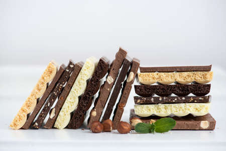 Different kinds of chocolates with nuts cocoa powder and mint - selective focus, white background