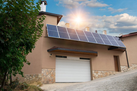 Solar panel, photovoltaic, home installation -  alternative electricity source,  concept of sustainable resourcesの写真素材