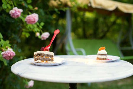 a piece of homemade fruit cake served on a marble table against the backdrop of a garden with...