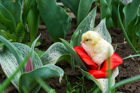 Just hatched chick sitting inside a blooming red tulip in a spring garden. Easter concept. Selective focus.の写真素材