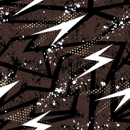 Abstract seamless pattern with geometric elements, scuffed, drops, arrows, lightning, spots, sprays. Grunge background for textile and fabric.のイラスト素材