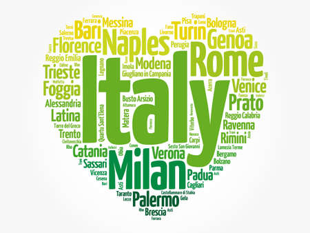 List of cities and towns in Italy composed in love sign heart shape, word cloud collage, business and travel concept backgroundの写真素材